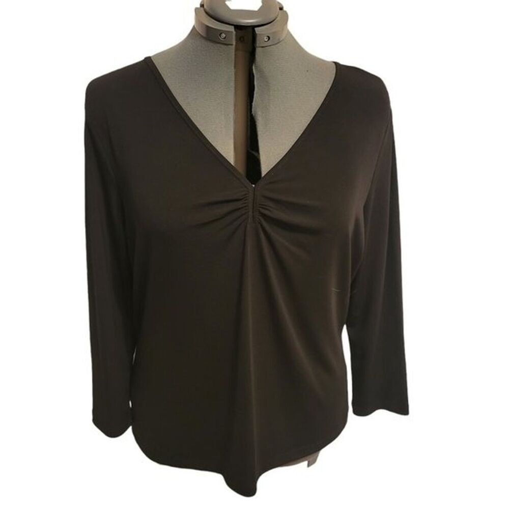 Womans Stretch Black Top VNeck Shirred Front Size XL APOSTROPHE Spandex